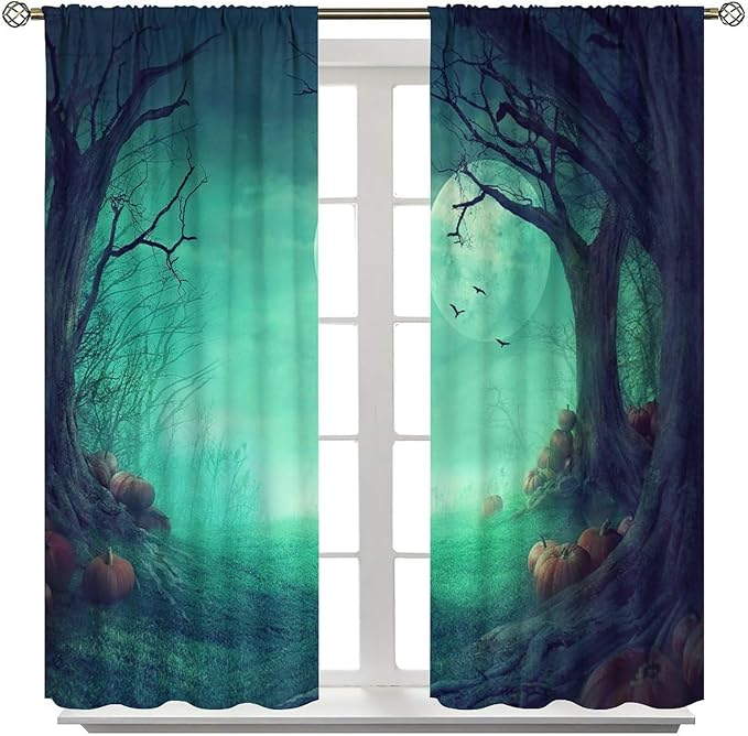 Gothic Mushroom Blackout Window Curtains, Misty Dark Black Forest Moon Halloween Window Drapes, for Living Room Bedroom 21(W)*45(L) 2 Panels
