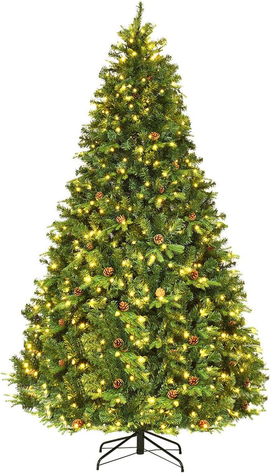 GOFLAME 8ft Artificial Pre-lit Christmas Tree with Warm White LED Lights and Pine Cones, Home Holiday Décor, Hinged, 1335 Branches for Indoor Decoration, Easy Setup