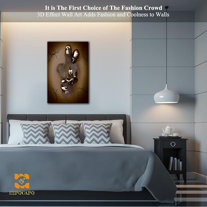 HIPOCAPO 3D Metal Effect Wall Art - Love Heart Canvas Art, Gold Decor for Modern Living Room, Romantic Couple Room Framed 12''x18''x1Pcs 3d Art-17