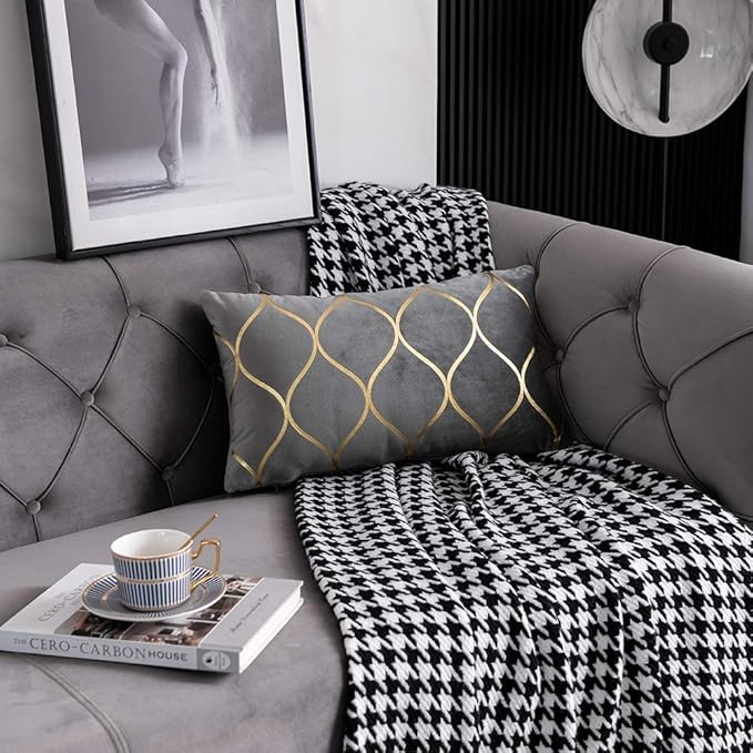 Gold Velvet Throw Pillow Covers: 2 Pack 12x20 Inch Rectangular Decorative Pillow Cases for Bedroom Sofa Couch Living Room, Light Grey