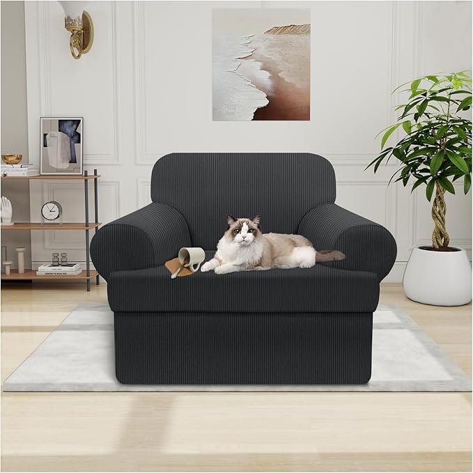 Waterproof Chair Cover with Arms 2-Piece Set Striped Slipcover for 1 Separate T Cushion Couch - TPU Fabric Armchair Covers Leakproof Couch Protector for Kids, Pets(Chair, Dark Gray)