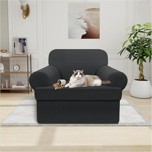 Waterproof Chair Cover with Arms 2-Piece Set Striped Slipcover for 1 Separate T Cushion Couch - TPU Fabric Armchair Covers Leakproof Couch Protector for Kids, Pets(Chair, Dark Gray)
