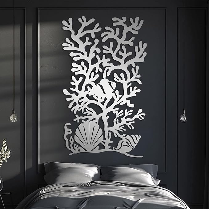 Metal Coral Reef Wall Decor, Coral Reef with Clownfish & Seashells Metal Wall Art, Sea Life Wall Art, Nautical Coastal Wall Decor, Ocean Wall Hanging for Bathroom (Gold, 48"x28"/121x72cm)