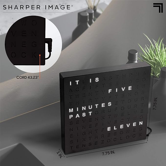 Sharper Image® LED Word Clock – 7.75" Light-Up Digital Clock for Desk & Wall| Modern Time Display Accent Clock| Unique Home Office Décor| Living Room Kitchen Bedroom| Housewarming Gift for Men & Women