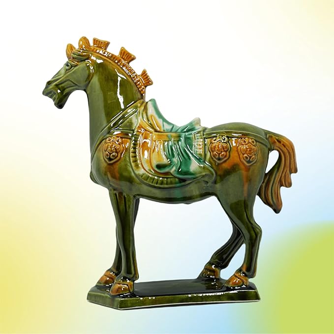 Handmade -Tang Dynasty Tri-Color Horse Sculpture Ceramic Horse-19cm Cultural Art Piece for Home,Bookcase or Office Decor (Grass Green)