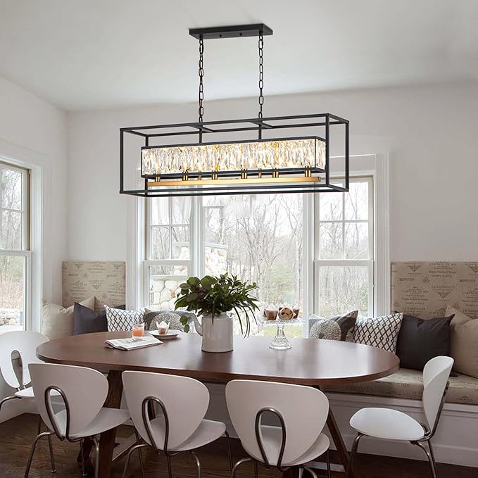 Vezzio Crystal Chandeliers for Dining Room Modern Crystal Chandelier 6-Light Rectangle Contemporary Pendant Light Fixture for Kitchen Island Bar L35 Inch