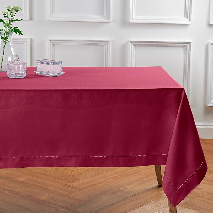 Solino Home Beet Linen Tablecloth 60 x 90 Inch - 100% Pure Linen Hemstitch Table Cloth for Rectangle Tables - Classic Hemstitch, Machine Washable Tablecloth for Fall, Thanksgiving, Christmas, Winter