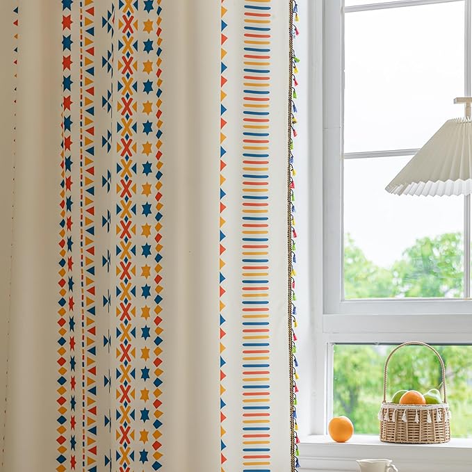 Boho Curtains Geometric Light Filtering Semi-Blackout Window Curtains 102 Inches Long Rod Pocket Drapes for Living Room 2 Panels-Beige Stars