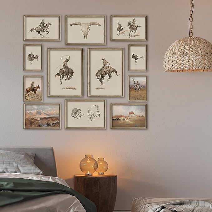 Kizbok Western Deor Vintage Farmhouse Cowboy Western Wall Decor, Retro Southwestern Wall Art Prints Country Cowboy Oil Paintings, Rustic Horse Riders Ranch Southwest Artwork Picture for Gallery Bedroom Bathroom western Home Decor (Set of 12, Unframed)