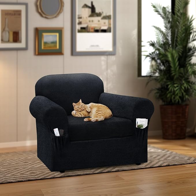 Chair Slipcover with Armrest Pockets 2-Piece Set, Stretch Faux Leather Chair Cover for Armchairs(Fits 31-45") - Non-Slip, Machine Washable, Pet & Kid Friendly - Dark Gray