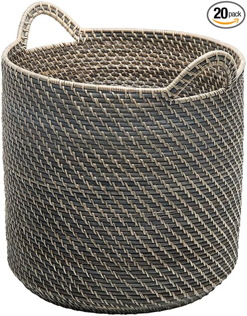 KOUBOO Laguna Round Rattan Storage Basket with Ear Handles, Wicker Basket for Blankets, Laundry Hamper, Indoor Plant Basket, Decorative Home Organizer, Black-Wash, Large