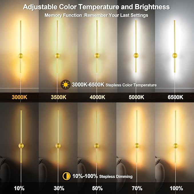 Wall Sconces Set of Two with Remote, Stepless Colors 3000K-6500K & Stepless Dimming, Hardwire or Plug-in, 180° Rotate, LED Gold Plug in Wall Sconces with Timer & Night Light, 23.6 Inches