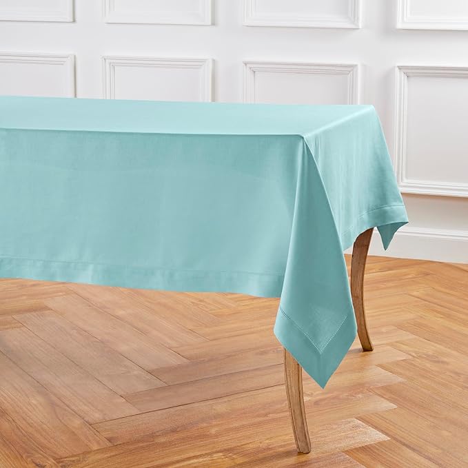 Solino Home Linen Tablecloth for Rectangle Tables 60 x 108 Inch - Classic Hemstitch 100% Pure Linen Aqua Blue Table Cloth - Machine Washable Cloth Tablecloth for Christmas, Holiday