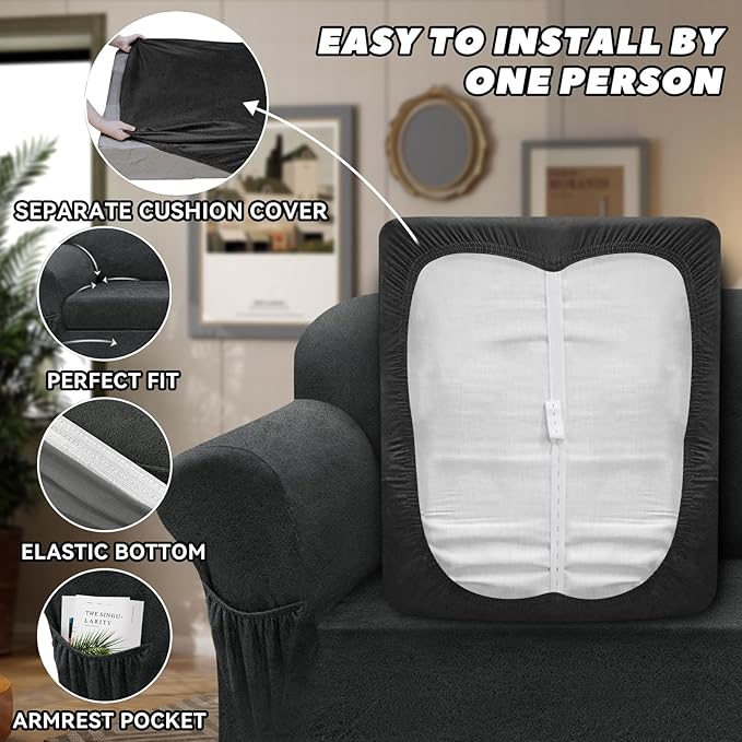 Sofa Slipcover with Armrest Pockets 4-Piece Set, Stretch Faux Leather Couch Cover for 3-Cushion Couches(Fits 72-92") - Non-Slip, Machine Washable, Pet & Kid Friendly - Gray