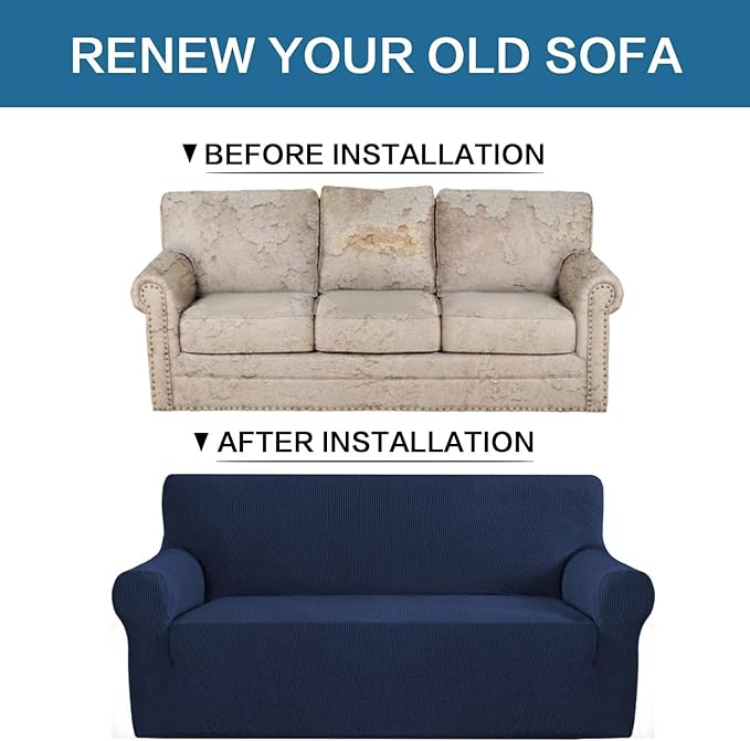 H.VERSAILTEX Stretch Couch Slipcovers for 3 Cushion Couch Soft Sofa Covers Washable Feature Thick Checked Jacquard Fabric with Elastic Bottom, Sofa Large - Navy