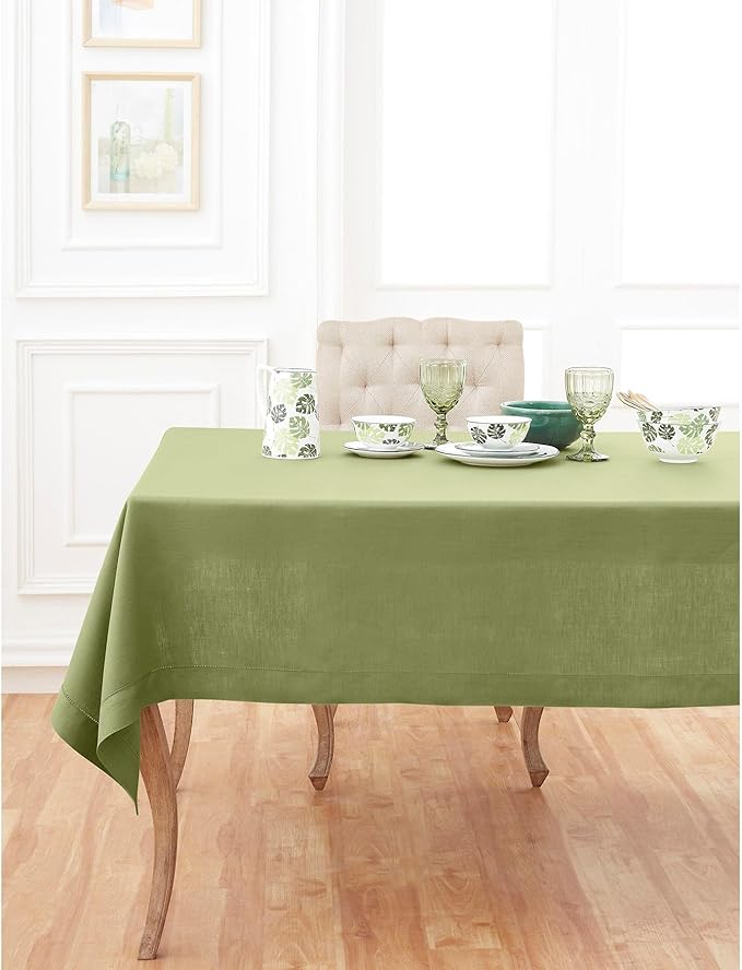 Solino Home Linen Tablecloth 60 x 144 Inch - Classic Hemstitch 100% Pure Linen Moss Green Table Cloth for Rectangle Tables - Machine Washable Tablecloth for Fall, Autumn, Thanksgiving, Winter