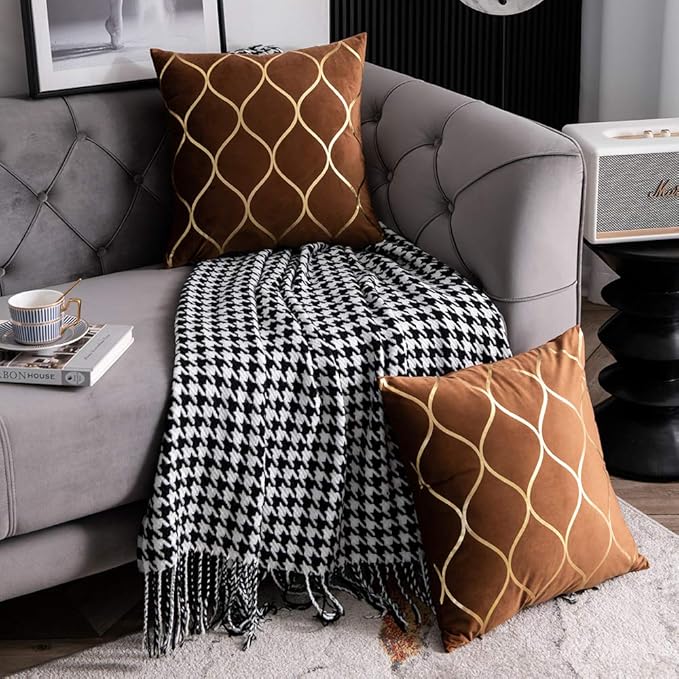 Gold Velvet Euro Sham Pillow Covers: 2 Pack 26x26 Inch Square Decorative Pillow Cases for Bedroom Sofa Couch Living Room, Light Brown