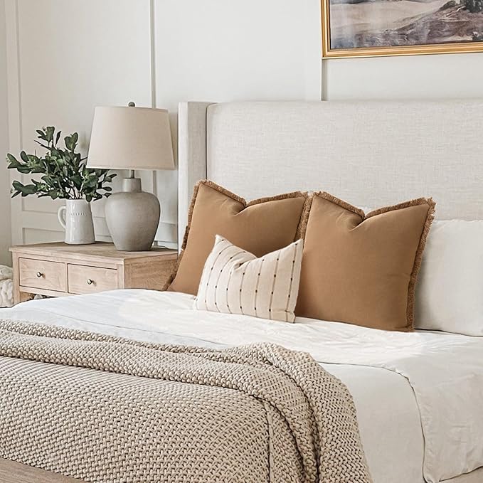 ZWJD Pillow Covers 20x20 Set of 2 Camel Throw Pillow Covers with Fringe Chic Cotton Decorative Pillows Square Cushion Covers for Sofa Couch Bed Living Room Farmhouse Boho Decor