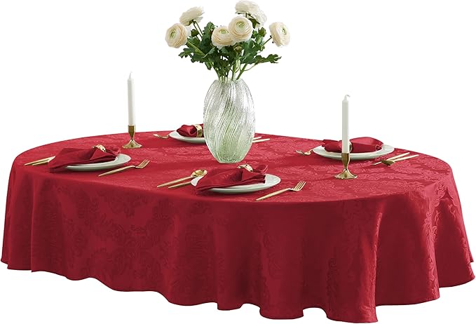 Newbridge Barcelona Damask Fabric Tablecloth, 60 x 84 Inch Oval, Red – No Iron, Soil Resistant Table Cover for Dining, Parties and Holidays