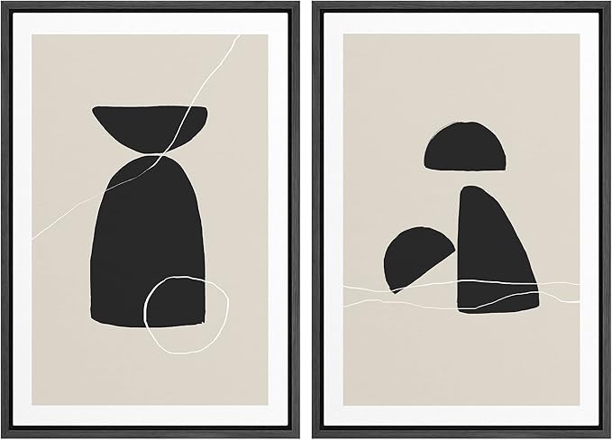 SIGNWIN Framed Canvas Print Wall Art Set Black Tan Mid-Century Figures Abstract Shapes Illustrations Modern Art Decorative Nordic Multicolor for Living Room, Bedroom, Office - 16"x24"x2 Black