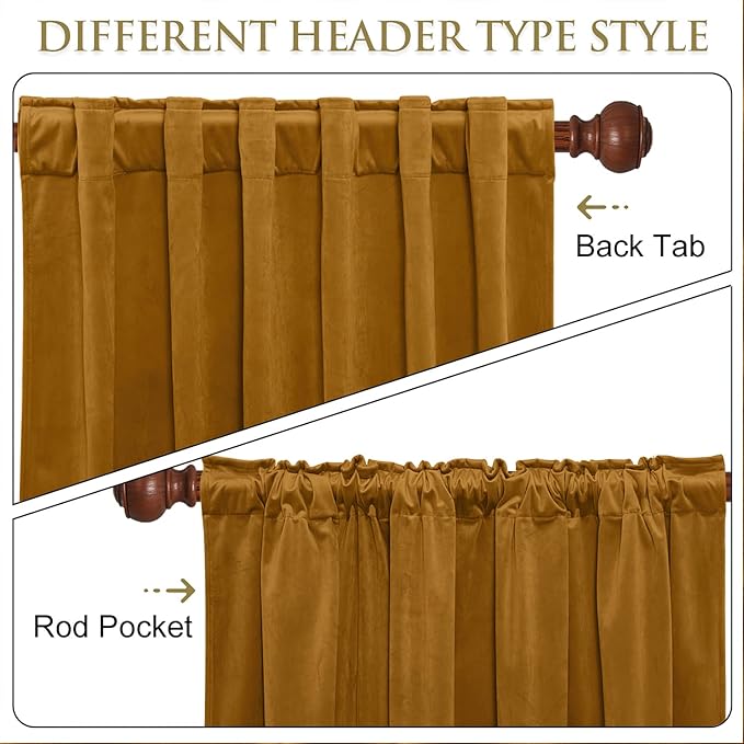 StangH Mustard Gold Curtains 108 inches - Velvet Room Darkening Bedroom Curtains Thermal Insulated Kids Room Privacy Drapes Rod Pocket & Back Tab Top Curtain for Home Theater, W52 x L108, 2 Panels