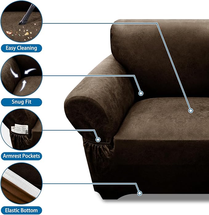 Couch Cover Leather Look 3 Seater Couch Sofa Cover 1-Piece Sofa Slipcover Stretch Furniture Protector with Elastic Bottom & Pockets(Sofa, Coffee)
