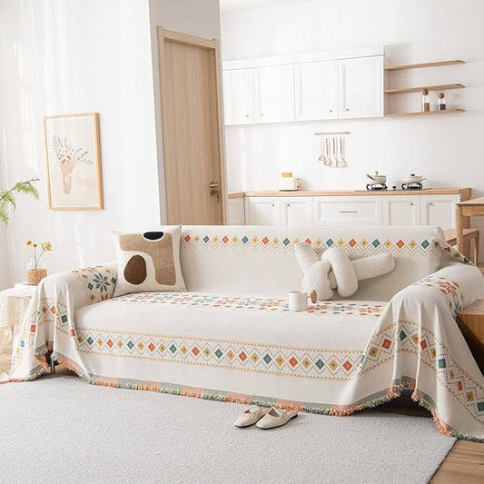 DREAMINGO Beige Chenille Couch Cover Boho Geometric Jacquard for 3 Cushion Sofa Anti Slip Sectional L Shape Slipcover for Dogs Washable, 71"x134"
