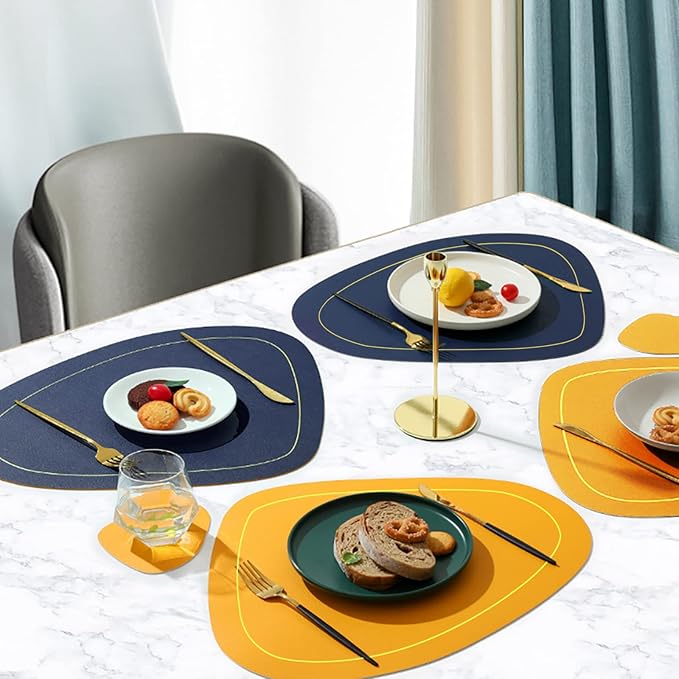 4 Pack Faux Leather Placemats Set,Round PU Dinning Table Mats,Wipeable Easy to Clean Stain Resistant Heat Resistant Waterproof Place Mats Durable Plate Mats for Table Nordic Style(Blue&Yellow)