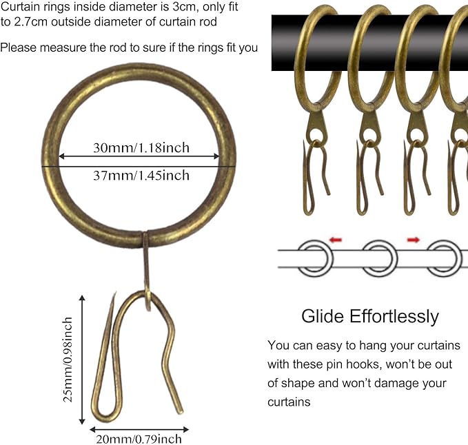 40 Pcs Metal Curtain Rings & Hooks - 30 mm Internal Diameter Decorative Curtain Hanging Rings (Green Bronze)