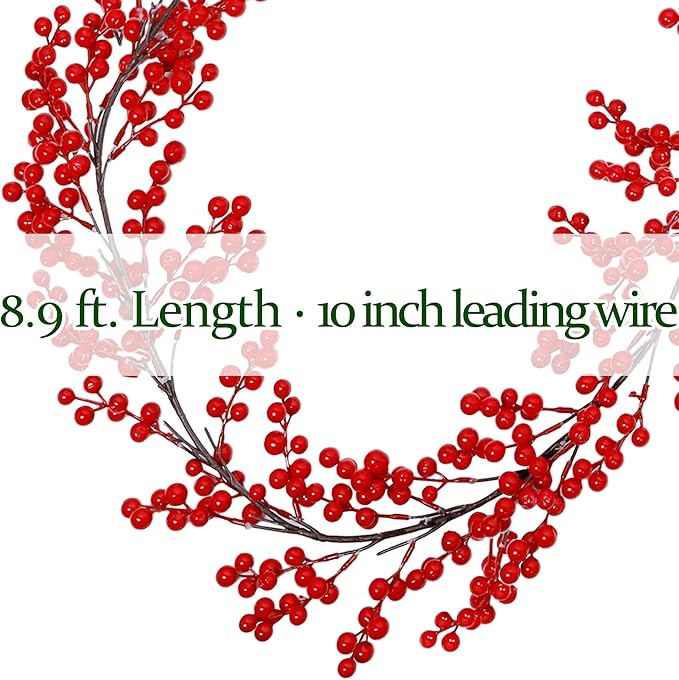 Lulu Home 2 Packs Red Berry Garland, 8.9FT Flexible Artificial Christmas Holly Berry Vine, Winter Berry Garland for Mantle Xmas Tree Window Door Hanging Indoor Outdoor Holiday Decoration