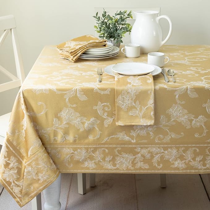 Benson Mills Harmony Scroll Woven Damask Fabric Tablecloth, Everyday, Parties, Special Occasions, Weddings and Holiday Table Cloth (60" X 120" Rectangular, Gold)