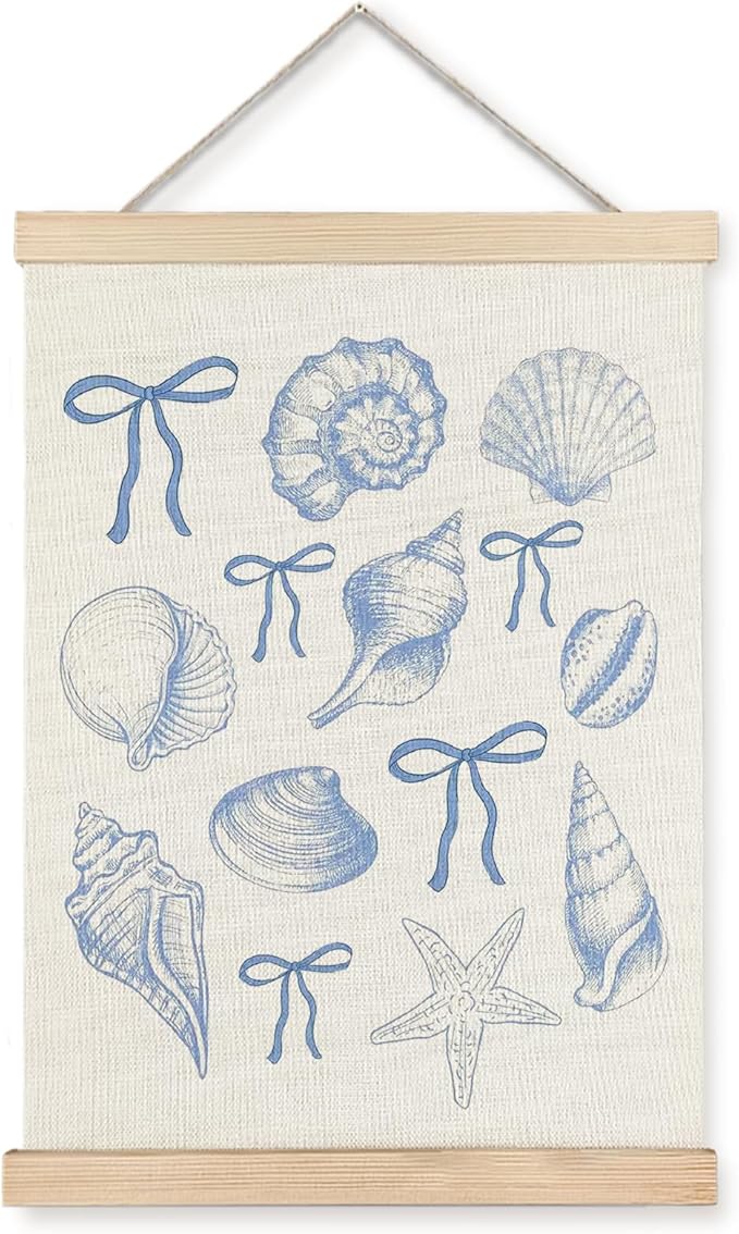 ignytiger Coastal Beach Seashell Wall Art Poster Framed, Ocean Beachy Room Decor Aesthetic, Blue Coquette Bow Seashell Canvas Wall Art Prints for Girly Home Bedroom Decor, 12x16 Inches