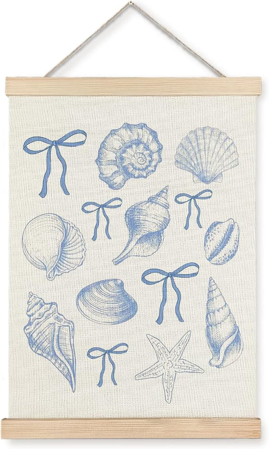 ignytiger Coastal Beach Seashell Wall Art Poster Framed, Ocean Beachy Room Decor Aesthetic, Blue Coquette Bow Seashell Canvas Wall Art Prints for Girly Home Bedroom Decor, 12x16 Inches
