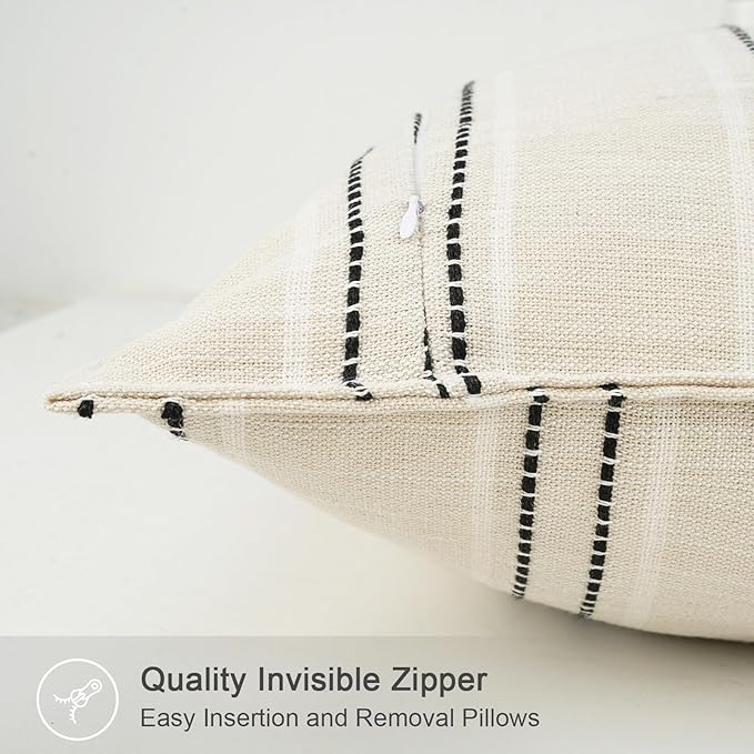 20X20 Decorative Farmhouse Linen Throw Pillow Covers, Boho Textured Pillow Case Set of 2 ,Beige with White & Black Stitch Yarn Dyed Stripe Cushion Cover ,Modern Accent Square Pillowcase for Sofa Couch