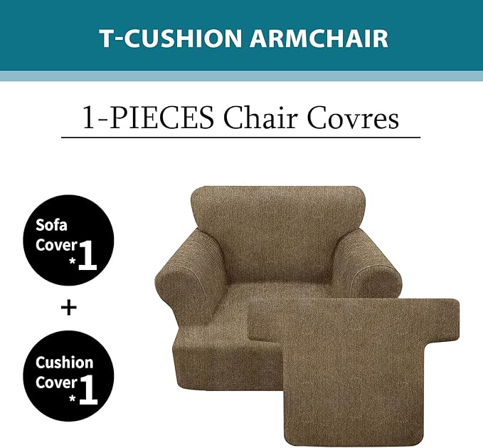 2 Pieces T Cushion Chair Covers with Arms Super Stretch Chair Slipcover for Living Room Pet Dog Universal Slip Cover Anti Slip Armchair Furniture Protector (Brown, 1 Cushion)