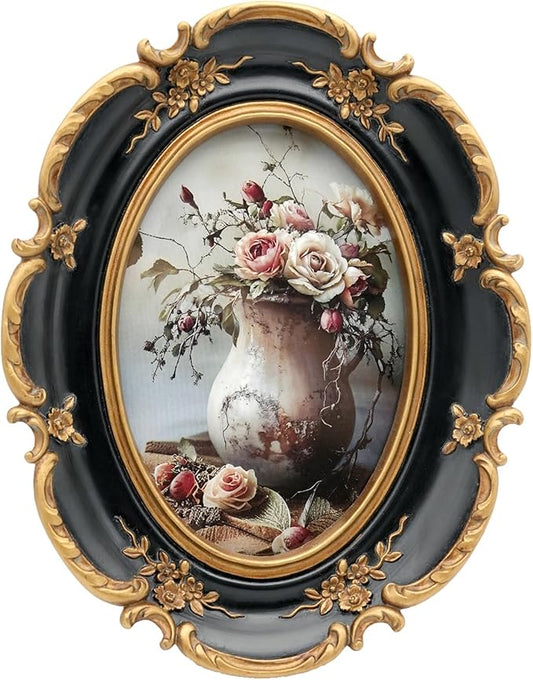 Oval Vintage Picture Frame 4x6 - Ornate Black Gold Photo Frame 4 By 6, Antique Photo Frames 4x6in, Rustic 4x6 Small Frames Retro Decorative Wall Hanging For Home Decor