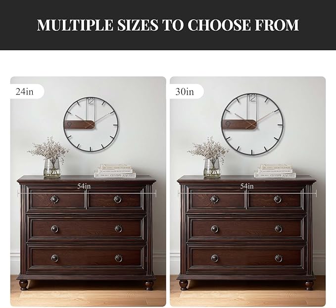 30 Inch Large Wall Clock, Modern Wood Metal Frame Silent Non Ticking Battery Operated Wall Clocks Decoration for Living Room, Bedroom, Kitchen, Minimalist Walnut Dial Arabic Numerals
