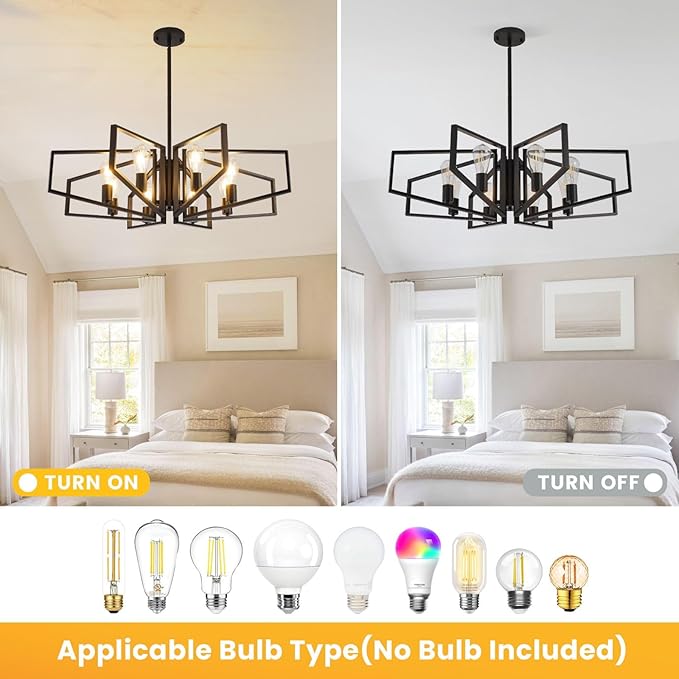 WJShome 8-Light Black Chandelier, Farmhouse Dining Room Light Fixture, Modern Industrial Ceiling Foyer Lighting Fixtures, Geometric Pendant Lights Kitchen Island, for Bedroom,Stairway, Entryway