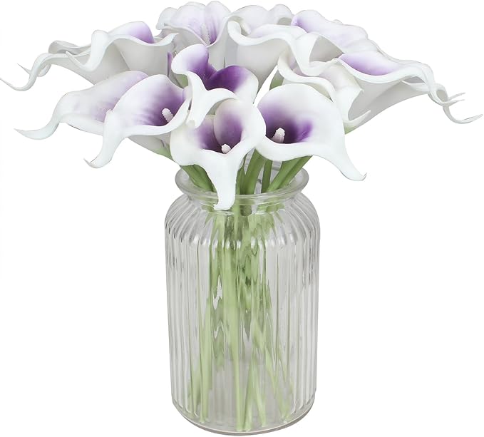 Duovlo 20pcs Calla Lily Bridal Wedding Bouquet Lataex Real Touch Artificial Flower Home Party Decor (Purple in White)