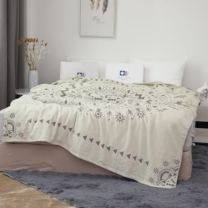 Boho Throw Blanket for Bed 100% Cotton Ultra Soft Rustic Quilt Fall Blanket Geometric Mandela Printed Farmhouse Decor Bed Blankets,80"×90" All Season Rustic Throw for Sofa Couch Chair