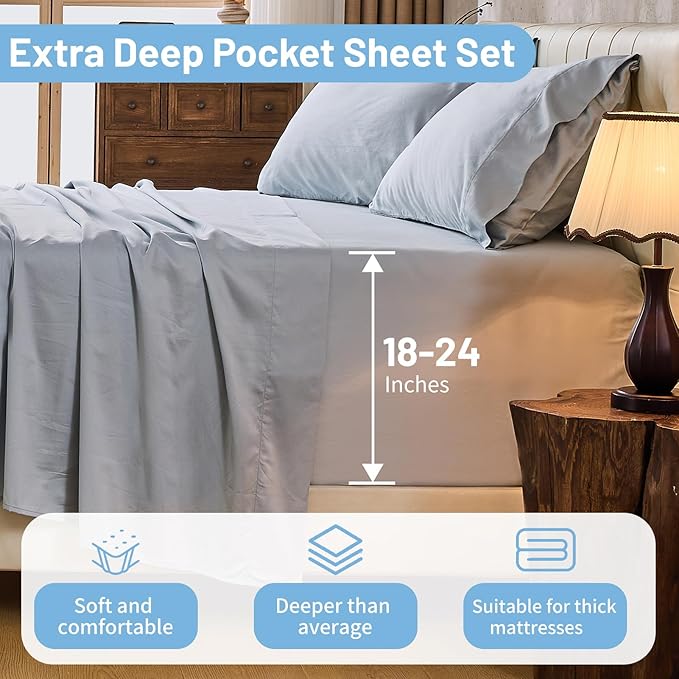 MEISHANG Extra Deep Pocket Cotton Sheets Queen Size - 100% Egyptian Cotton 1000 Thread Count - Fits 18"-24" in Deep Mattress,Oeko-Tex Certified, Soft & Breathable - 4 Piece (Queen, Light Blue)