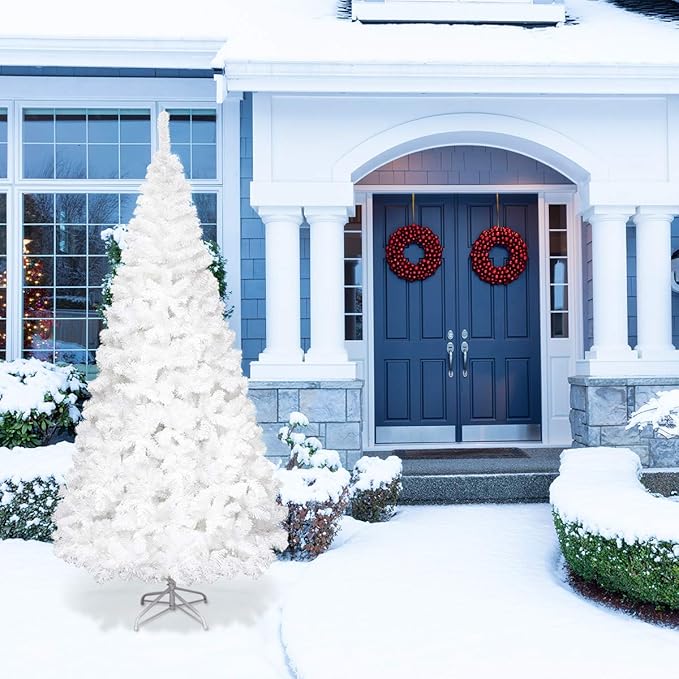 GOFLAME 7FT Artificial White Christmas Tree Home Holiday Décor, Metal Stand PVC Material 950 Branches Indoor Decoration, Easy Assembly
