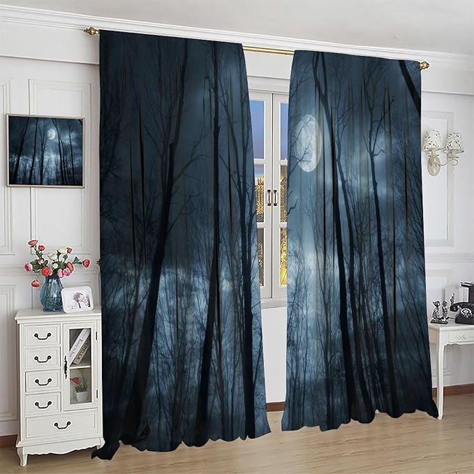 Forest Moon Gothic Blackout Curtains, Black Nature Tree Scenery Foggy Woodland Landscape Art Printed Window Drapes, for Living Room Bedroom 21(W)*63(L) 2 Panels