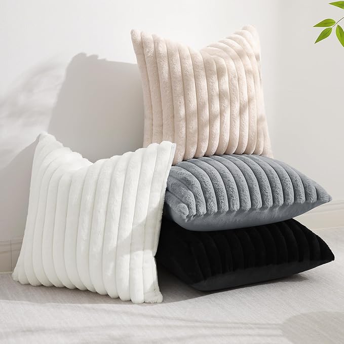 decorUhome Faux Fur Christmas Throw Pillow Covers 12x20 Set of 2, Decorative Soft Plush Striped Lumbar Neutral Couch Euro Pillow Covers with Velvet Back for Sofa, Bed, Living Room Home Decor, Black