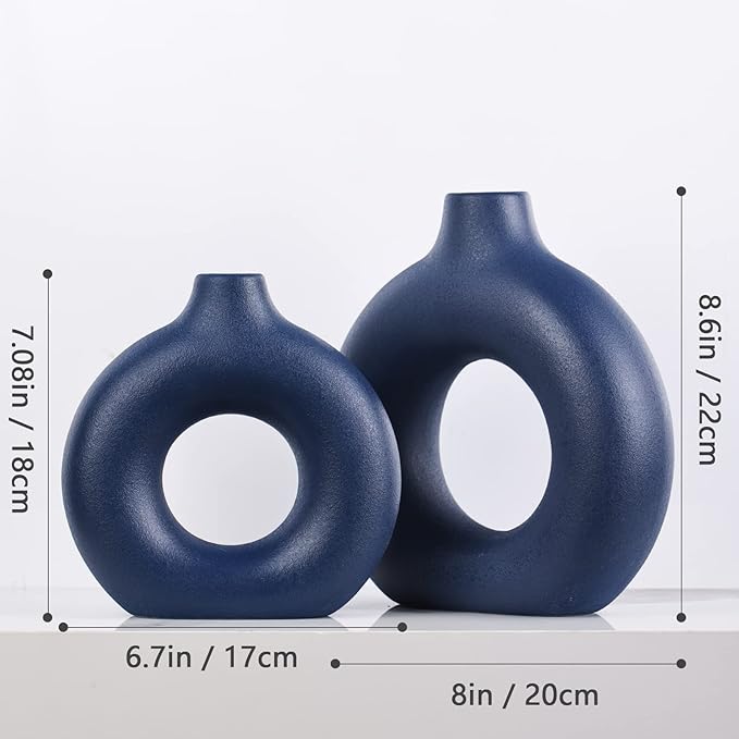 Navy Blue Ceramics Vase for Home Decor,Minimalist Nordic Hollow Donut Vase Set of 2,Modern Navy Blue Decor for Kitchen Table Centerpiece,Living Room,Fire Place,Bookshelf,Office,Entryway,Console