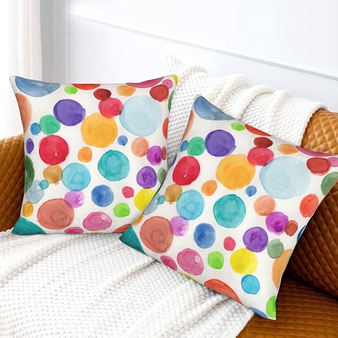 Colorful Polka Dot Pillow Covers 20x20 Inch Set of 2 Rainbow Colorful Circles Throw Pillow Cover Watercolor Circles Square Pillowcase Cushion Cases for Home Couch Bed Sofa