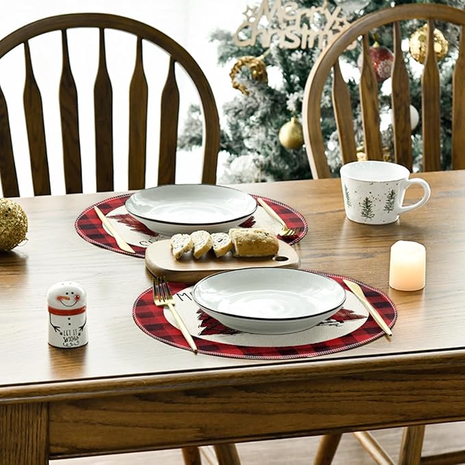 Artoid Mode Watercolor Red and Black Buffalo Plaid Christmas Trees Merry Xmas Round Placemats Set of 4, 14 Inch Winter Round Table Mats for Dining Decoration