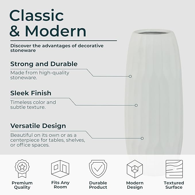 Oblong Decorative Vase with Textured Finish – Ceramic Decorative Vases for Home Decor – Modern Centerpiece Flower Vases for Living Room, Bedroom & Office – 14", White