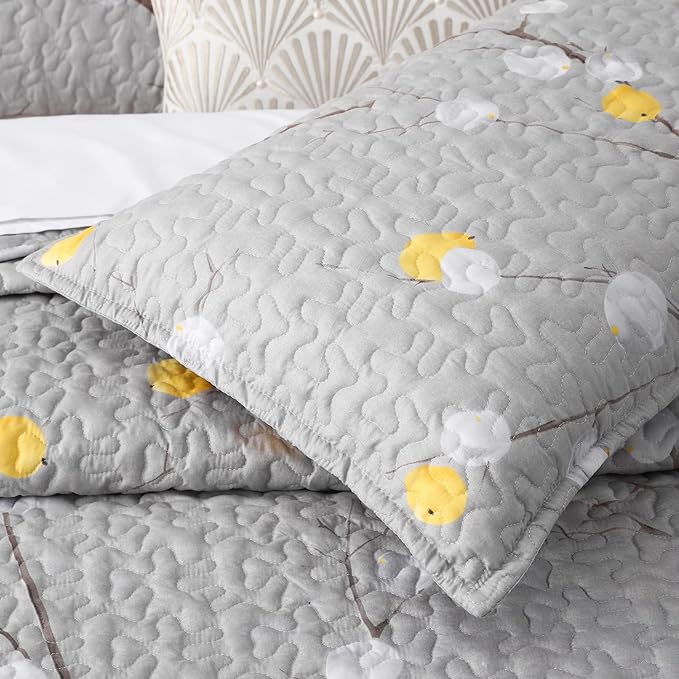 DURLENGEN Floral Quilt Set California King Size 3Pcs, Grey Branch with Yellow Turquoise Polka Dot Pattern All Season Lightweight Coverlet Sets(Cal King 112x104, Botanical Teal)