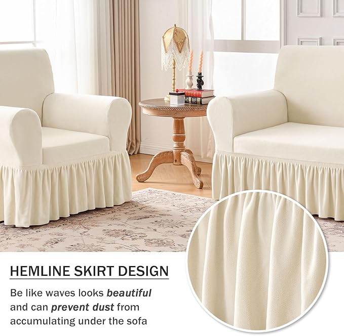 NICEEC Loveseat Cover Thick Plush 1-Piece Warm Beige-Yellow Slipcover for Loveseats Stretch Fluffy Couch Covers for Living Room Easy Fit Washable Soft Furniture Sofa Protector with Skirt